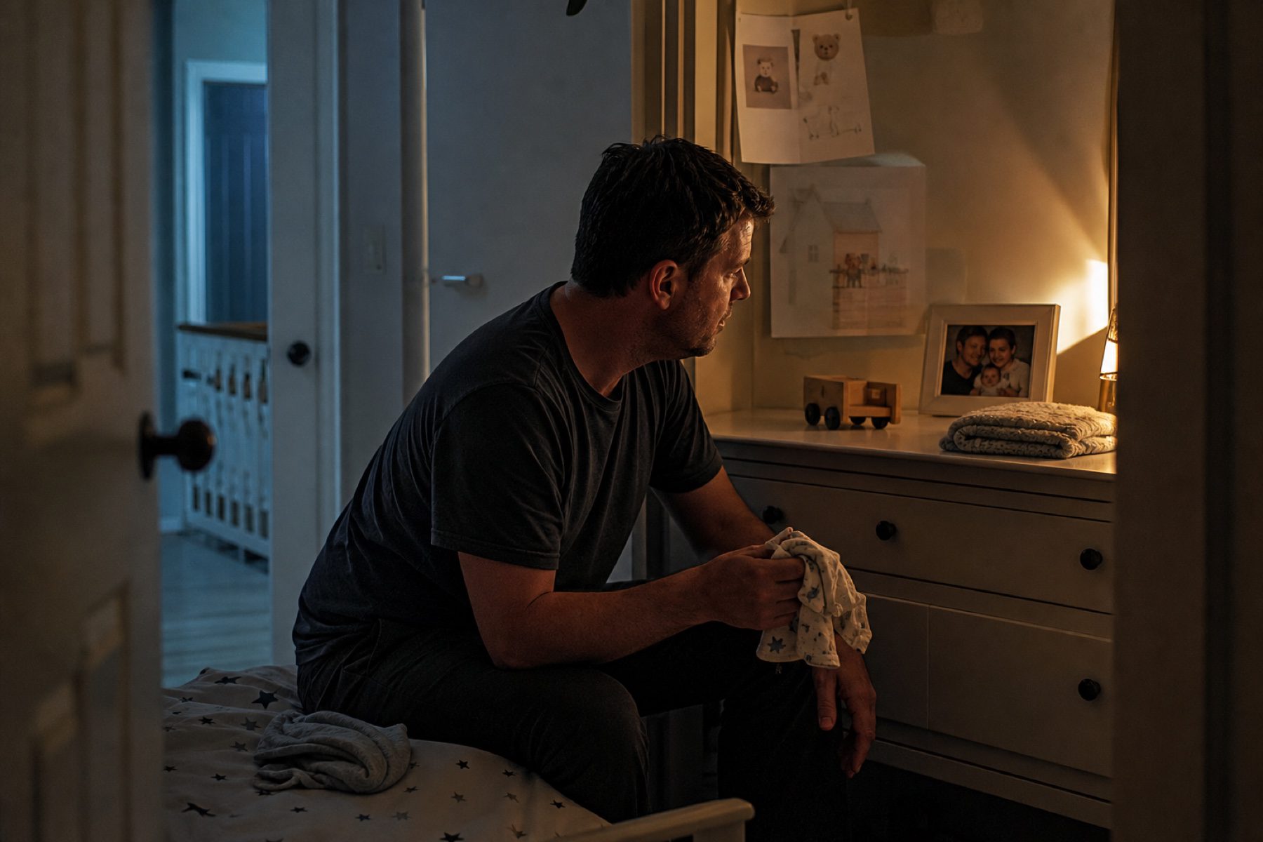 A man sitting on the edge of a bed at night, holding a small piece of clothing, deep in thought