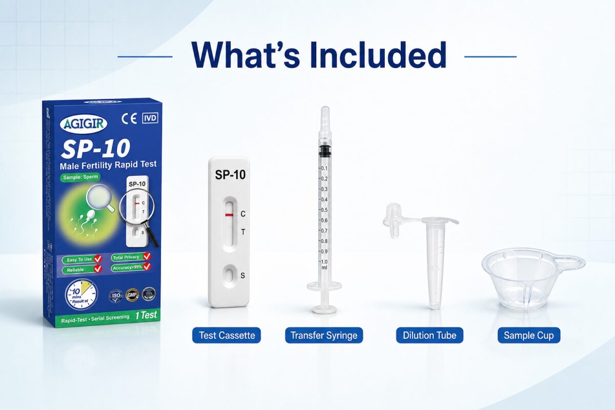 SP-10 kit contents with test cassette, transfer syringe, dilution tube and sample cup