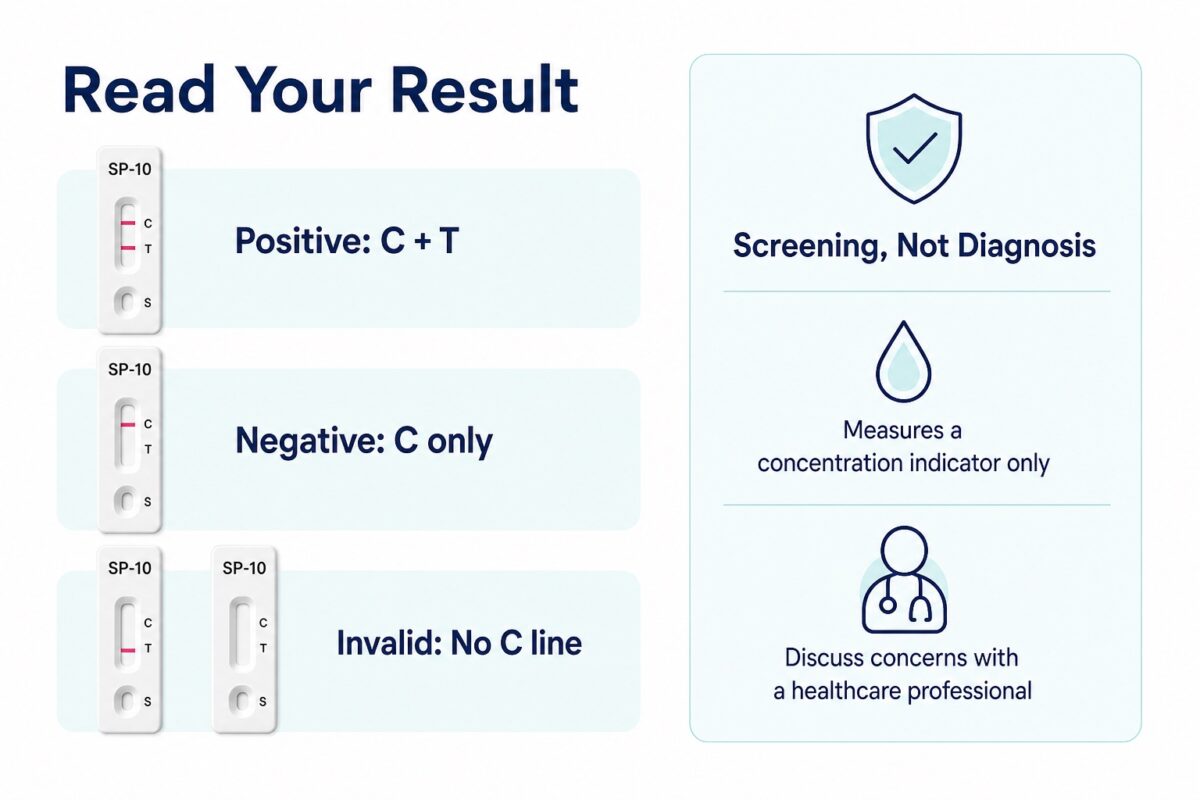 SP-10 positive negative and invalid result guide with screening not diagnosis reminder