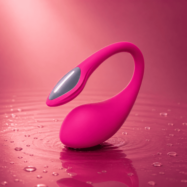 Lovense Lush 4 curved wearable vibrator with water droplets illustrating IPX7 waterproof design