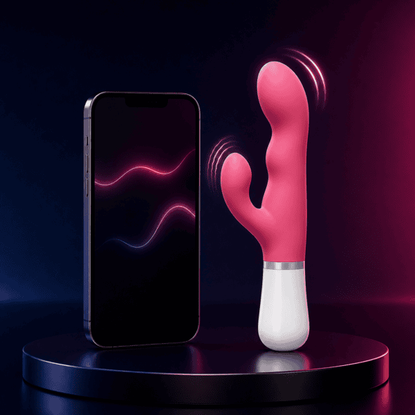 Lovense Nora rotating rabbit vibrator beside a smartphone illustrating app control and dual stimulation