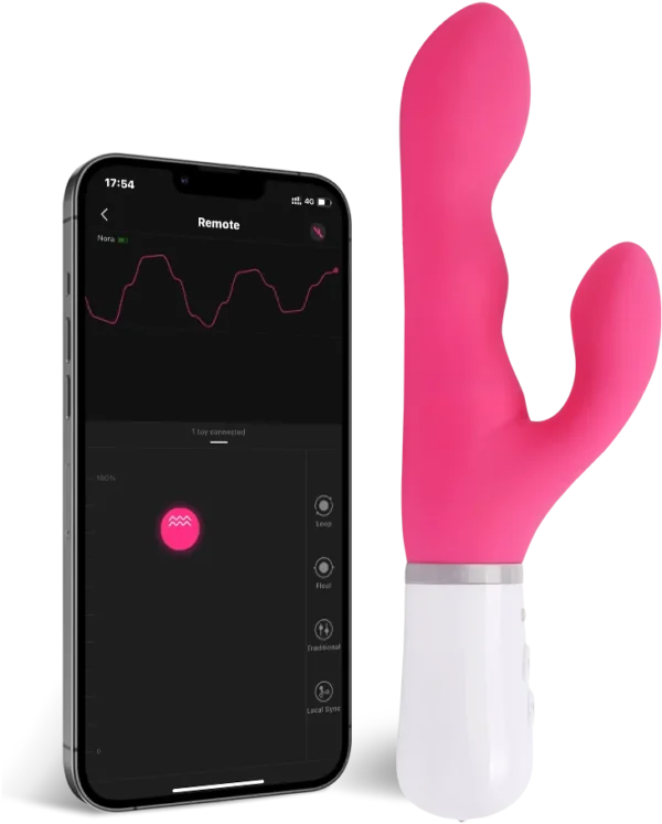 Lovense Nora rabbit vibrator beside the Lovense Remote app