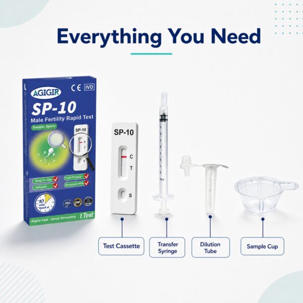 SP-10 test kit contents including cassette, transfer syringe, diluent tube and sample cup