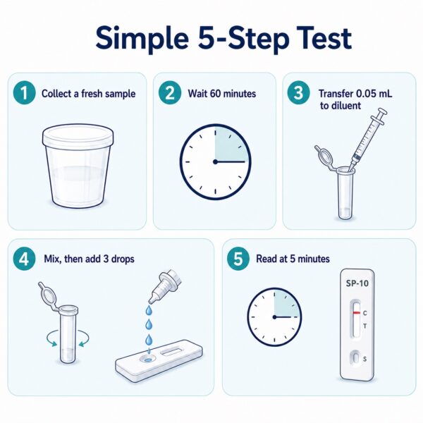Five-step illustrated instructions for using the SP-10 male fertility test