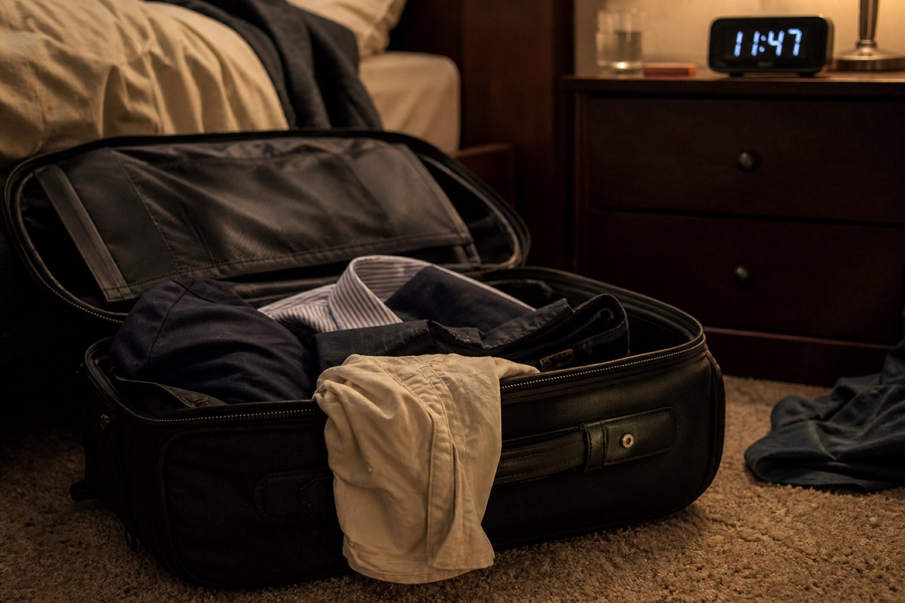 An open suitcase with clothes on a bedroom floor at night, a clock reading 11:47 in the background