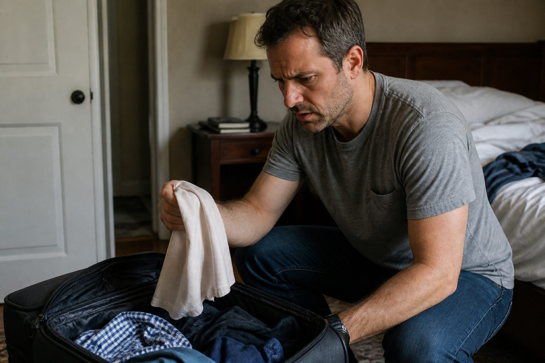 A man kneeling beside an open suitcase, holding a piece of clothing and staring at it